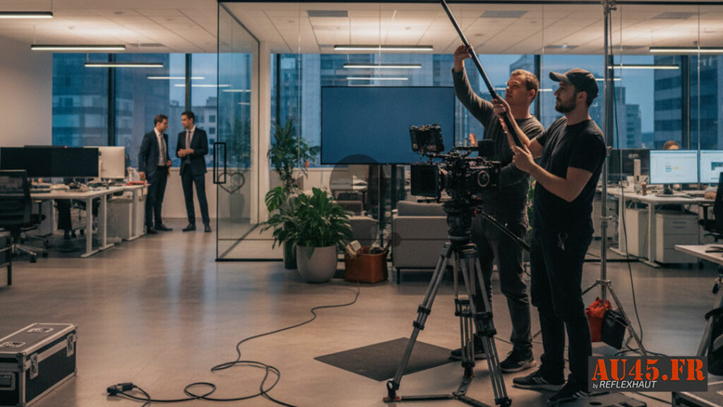 Plan large montrant une équipe de tournage (caméraman, perchiste) en action avec une caméra professionnelle et de l'éclairage